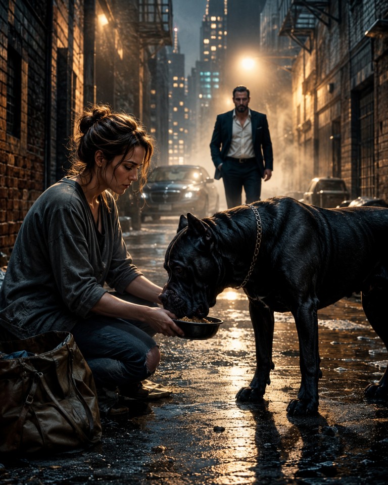 THE MASSIVE BLACK DOG WAITED IN A CHICAGO ALLEY FOR A DEAD CRIME BOSS — A SINGLE MOTHER FED IT, NEVER KNOWING THE MAN WAS STILL ALIVE AND COMING HOME