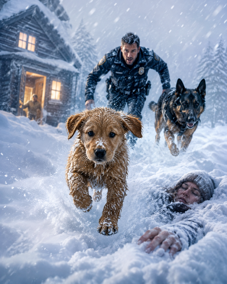 A soaked puppy slipped into a police officer’s home during a blizzard—then bolted back into the storm and led his K9 to a woman buried beside a wrecked SUV