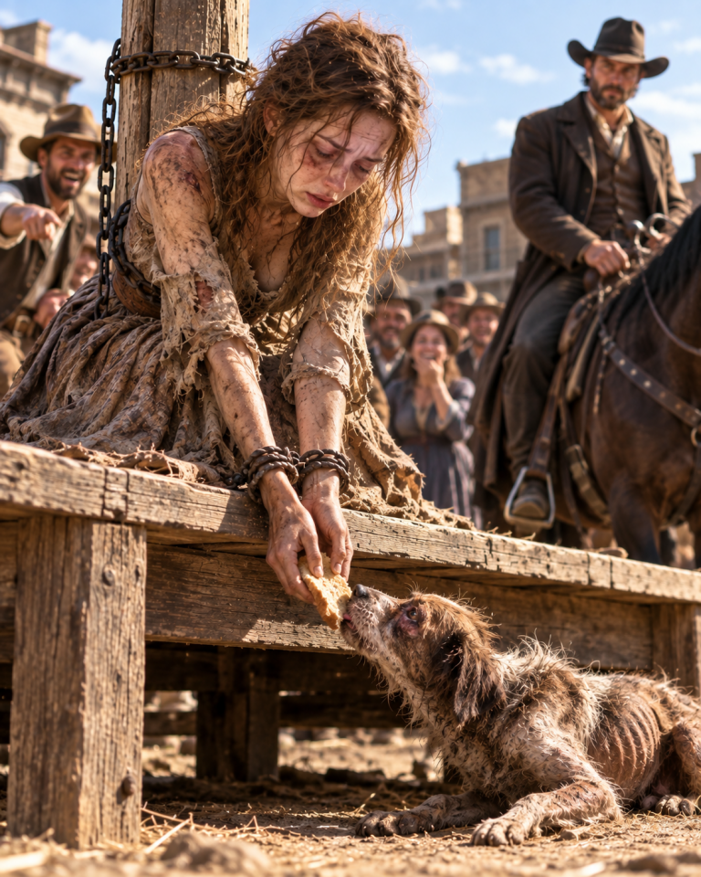 She Was Chained in the Square Like Trash and Labeled “Thief, Liar, Free to Anyone Who Wants Her” — Then a Widower Saw Her Struggle to Push Her Last Bread to a Starving Dog and Made One Choice That Changed Everything